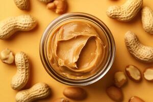 Peanut butter in a jar surrounded by peanuts on an orange background photo