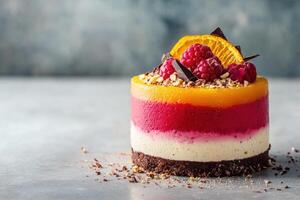 Colorful layered dessert with fresh berries on a gray background photo