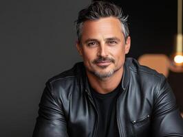 Handsome man in leather jacket poses against dark background photo