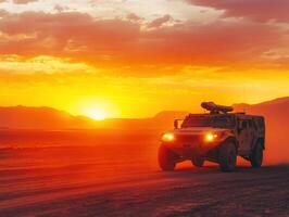 Military vehicle drives through desert at sunset with orange sky photo