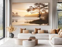Serene landscape with misty tree and calm water at sunrise photo