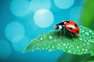 A ladybug with vibrant red and black spots perches on a green leaf photo