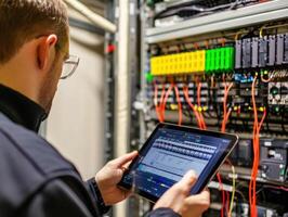Technician monitors server performance using tablet in data center photo