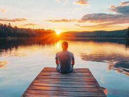 Sunset reflection by the lake with a calm atmosphere photo