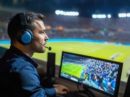 Sport commentator providing live analysis during a match photo