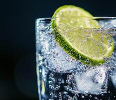 Refreshing drink with lime slice and bubbles in clear glass photo