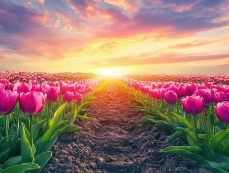 Sunrise over vibrant tulip fields in spring photo
