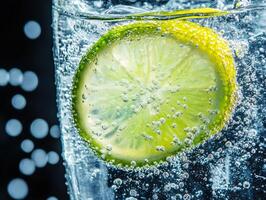 Refreshing sparkling water with lime slice in clear glass photo