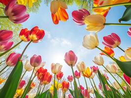 Colorful tulip field under a bright blue sky at midday photo