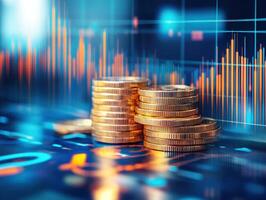 Stacks of coins on digital financial background during market analysis photo