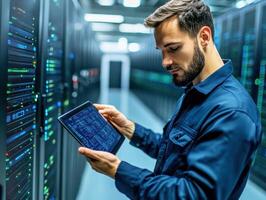 Tech professional analyzing data in a server room photo