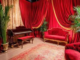 Elegant interior with red fabric drapes and a grand piano photo