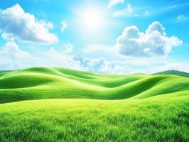 Lush green hills under a bright blue sky with fluffy clouds photo