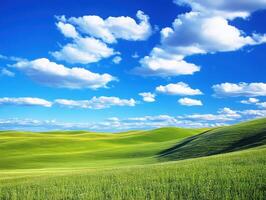 Rolling green hills under a bright blue sky with fluffy clouds photo