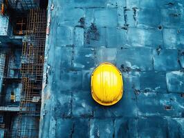 Yellow hard hat resting on a construction site surface photo