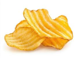 Crispy potato chips piled on a clean white background photo