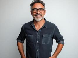 Smiling man with glasses poses confidently in casual shirt photo