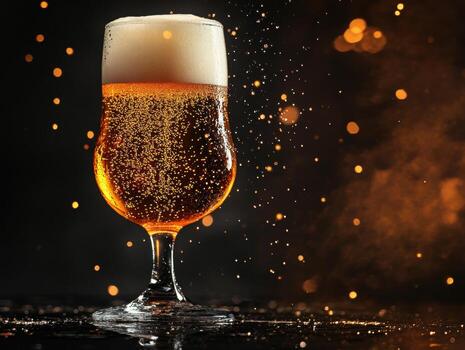 Refreshing golden beer in a glass with frothy head and bubbles photo