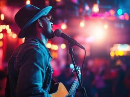 Live music performance at a vibrant venue with colorful lights photo