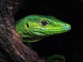Bright green lizard peeking from a dark crevice in a tree photo