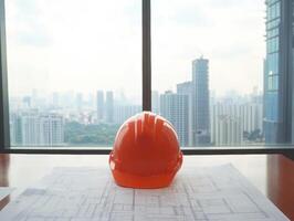 Construction helmet rests on blueprint with city skyline backdrop photo