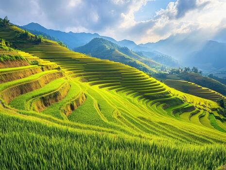 Sunlight over terraced rice fields in mountainous region photo