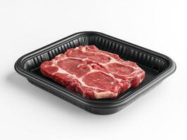 Fresh raw ribeye steak in packaging on clean white background photo