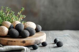 Decorative display of unique eggs and truffles on a rustic wooden board photo