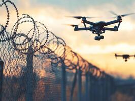 Drones flying near barbed wire fence at sunset hour photo