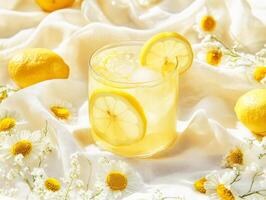 Refreshing lemonade garnished with lemon slices and flowers photo