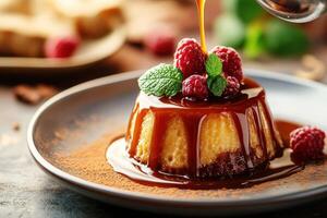 Delicious dessert served with fresh raspberries and sauce photo