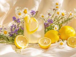 Refreshing lemonade surrounded by vibrant flowers and lemons photo