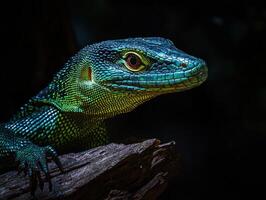 Vibrant green lizard basking on a wooden branch in the wild photo