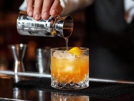 Bartender prepares cocktail with citrus garnish in a bar setting photo