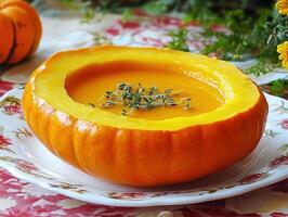 Pumpkin soup served in a hollowed pumpkin with herbs on top photo
