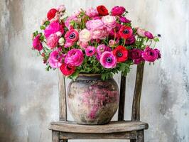 Colorful ranunculus bouquet in a rustic vase on a wooden chair photo
