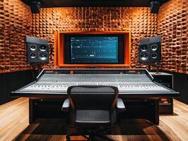 Modern sound studio with advanced equipment and acoustic design photo