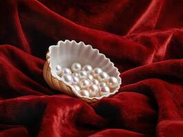 Pearls nestled in a shell on a luxurious red fabric surface photo