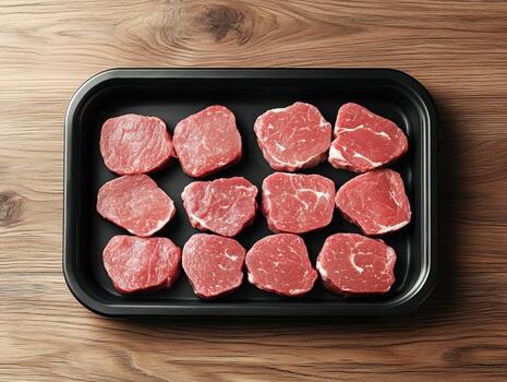 Fresh cuts of beef arranged on a black tray for cooking photo