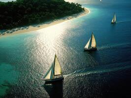 Sailing through clear waters near a tropical shoreline at sunset photo