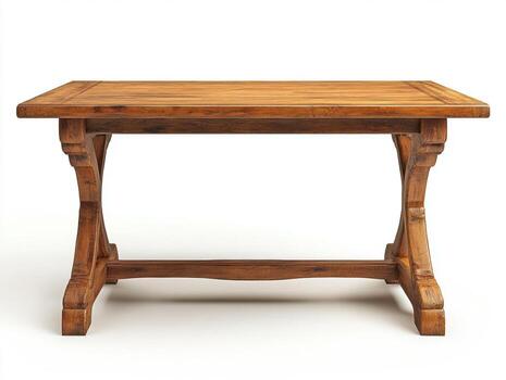 Rustic wooden table with sturdy legs for dining or workspace photo