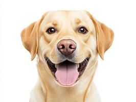 Happy yellow labrador with bright expression on simple background photo