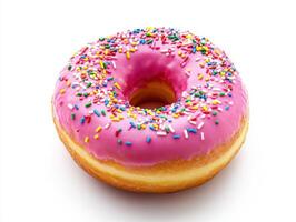 Delicious pink frosted donut with colorful sprinkles photo