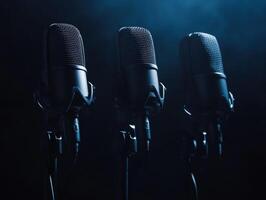 Microphones set up for a performance during a night event photo