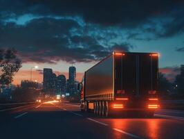 Truck driving on highway at sunset with city skyline in view photo