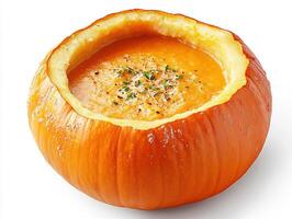 Delicious pumpkin soup served in a hollowed pumpkin shell photo