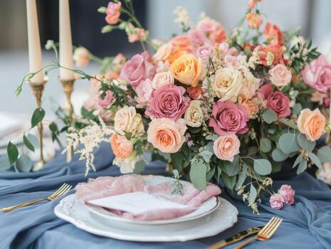 Elegant floral arrangement on a table setting with soft hues photo