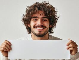 Young man smiles while holding blank sign in bright setting photo