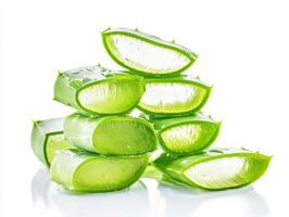 Fresh aloe vera stacked neatly on a white surface photo