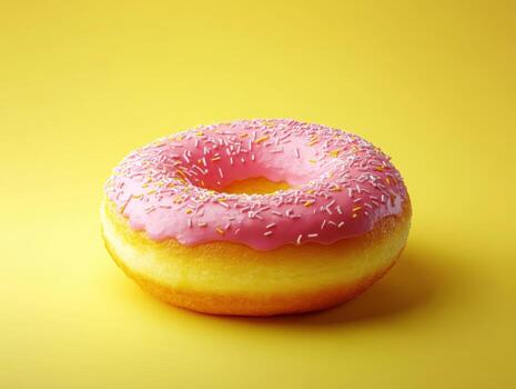 Colorful donut on yellow background with sprinkles and frosting photo